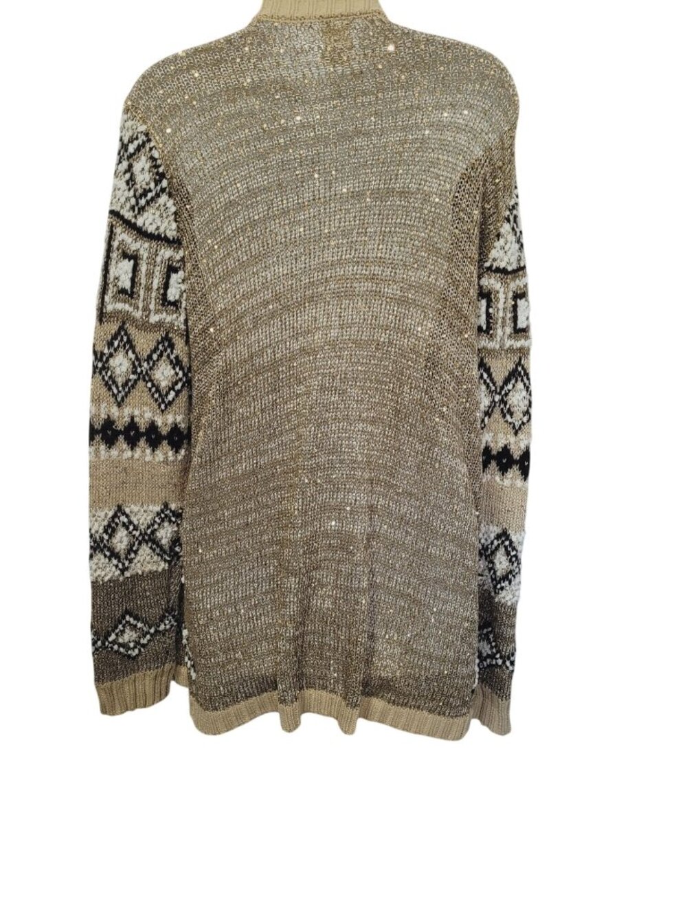 Y2K Womens XL Open Front Aztec Sequin Knit Cardigan Oversized Cozy Tan & Black - Picture 7 of 13